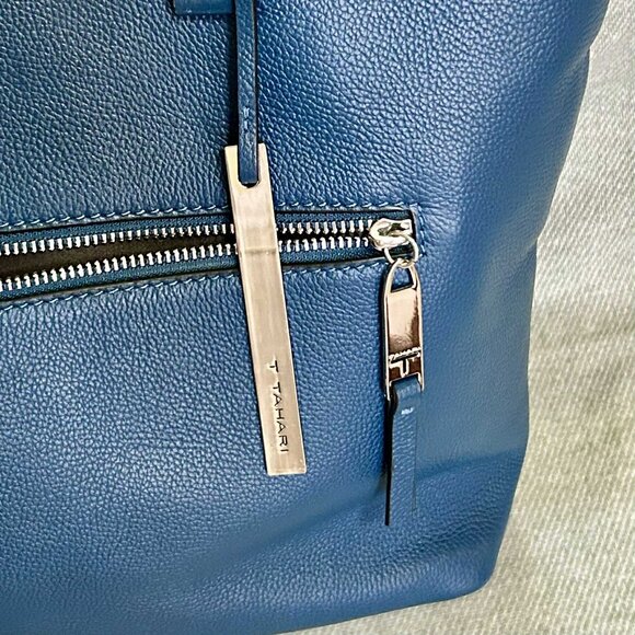 Tahari Blue Pebble Leather Zipped Tote Shoulder Bag - Picture 4 of 7